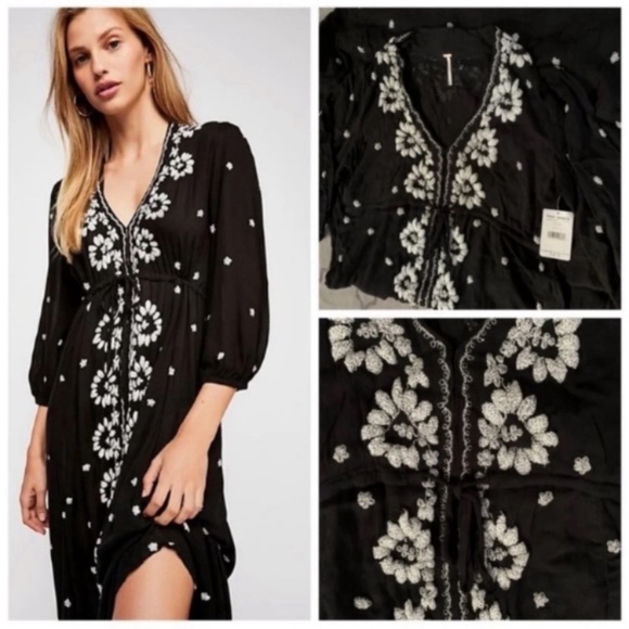 🎉FP🎉NWT-Free People Boho Chic Floral Embroidered Fable Midi Dress - Picture 9 of 16